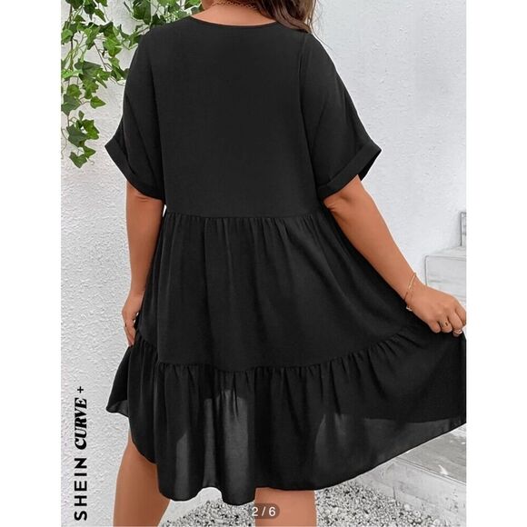 NEW Black SHEIN VCAY Plus Batwing Sleeve Ruffle Hem Smock Dress 0X - Picture 2 of 5